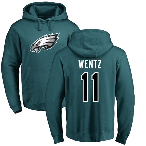 Men Philadelphia Eagles 11 Carson Wentz Green Name and Number Logo NFL Pullover Hoodie Sweatshirts
